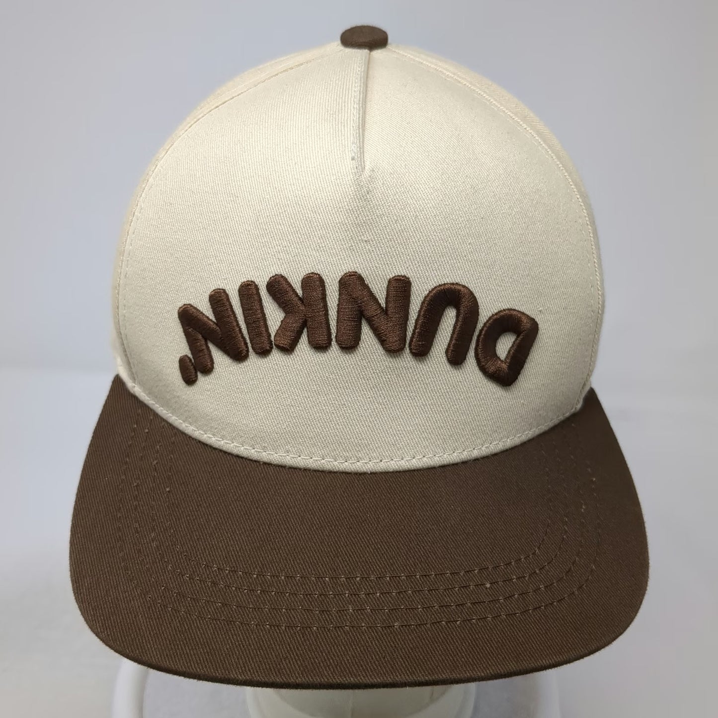 Dunkin' 5 Panel Hat Beige One Size Snapback Upside Down Logo Brown Brim Est 1950