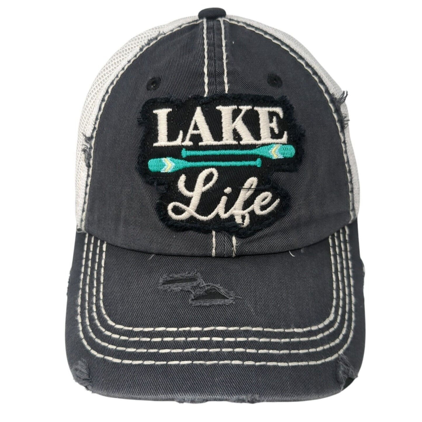 Lake Life Strapback Trucker Hat Blue One Size Adjustable Mesh Back Distressed