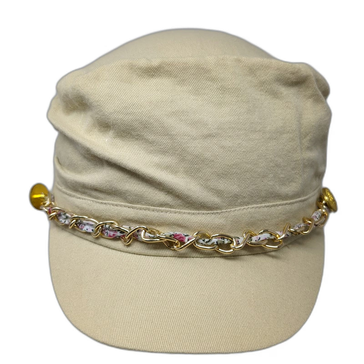 Lake Shore Drive Army Cap Beige One Size Gold Chain Floral Detail Ruched Hat