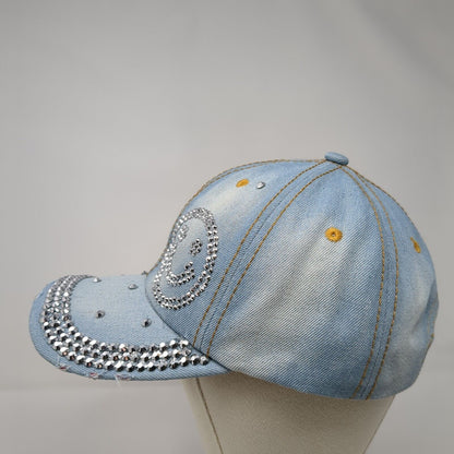 Smiley Bling Rhinestone Slideback Hat Blue One Size Denim Olivia & Kate