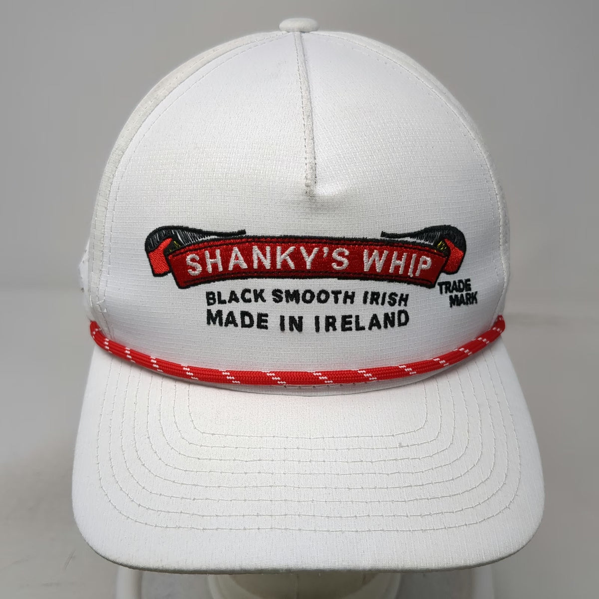 Shanky's Whip Trucker Hat White Red One Size Rope Brim Perforated Snapback Irish