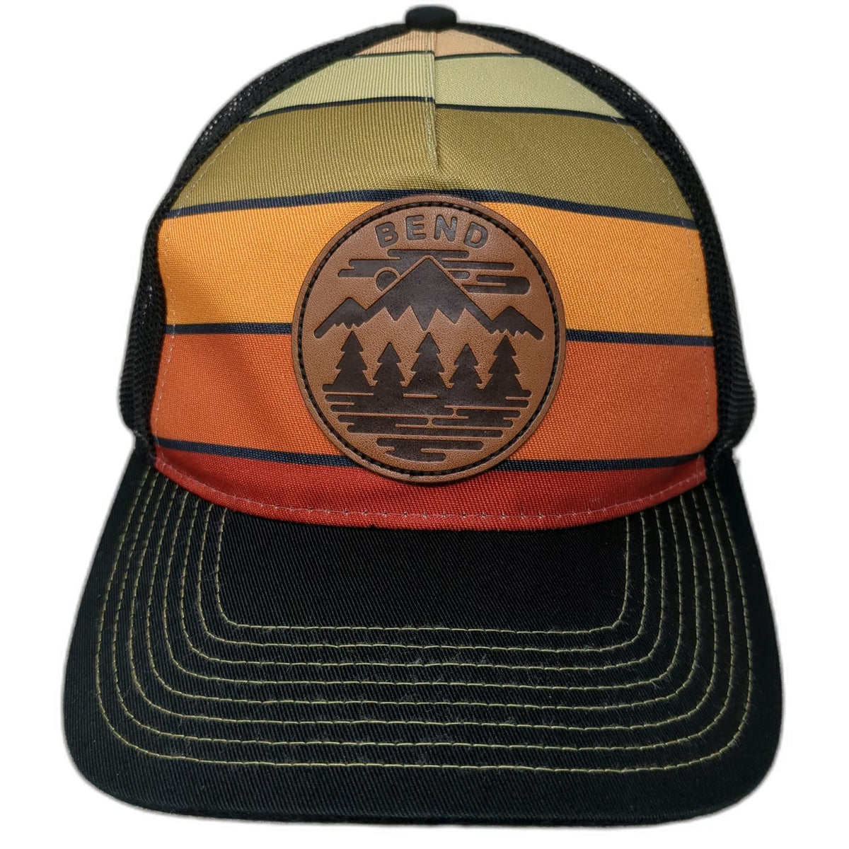 Little Bay Root Trucker Hat Black One Size Mountain Bend Patch Retro Stripes