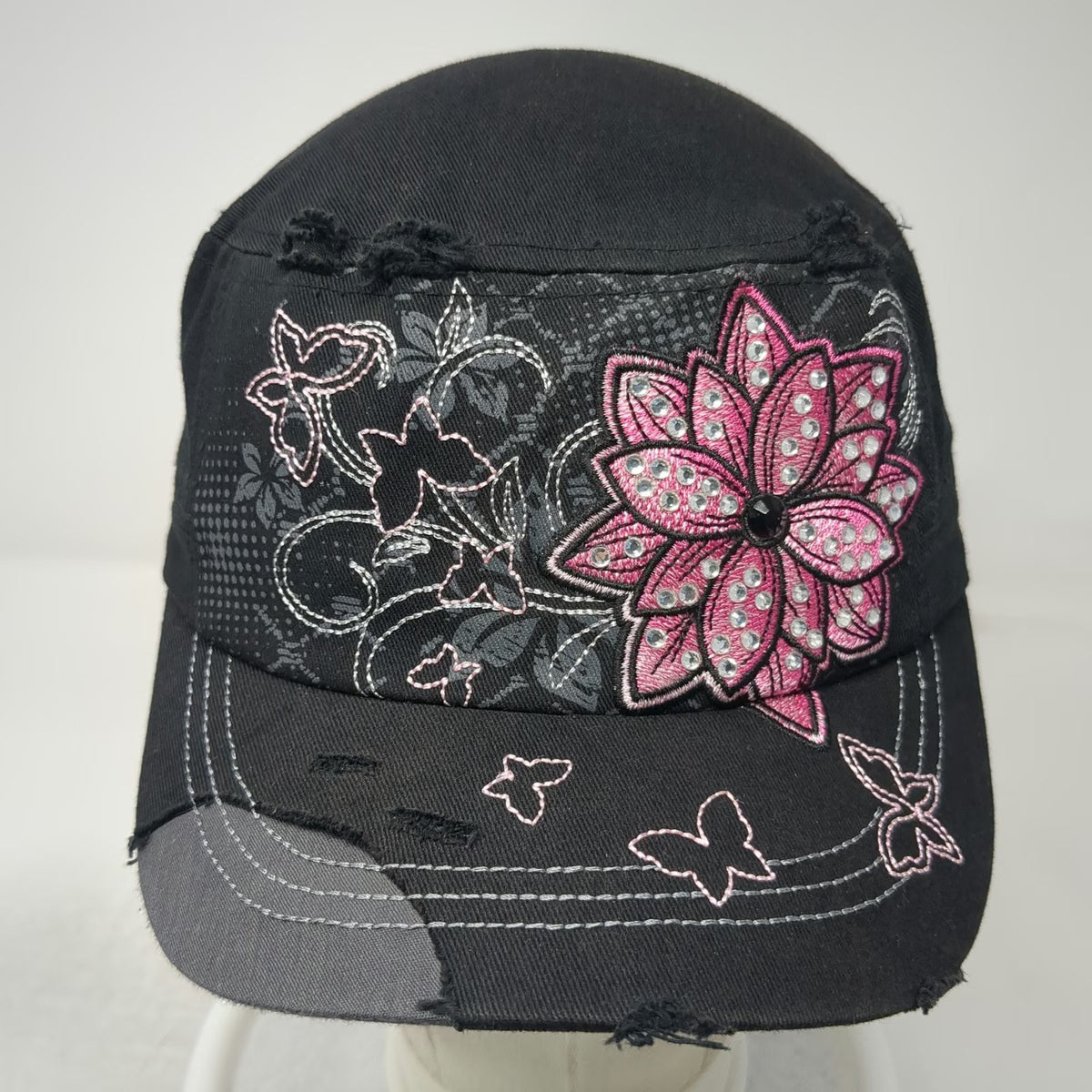 KBETHOS Black Army Cap OSFM Floral Butterfly Rhinestone Distressed Hat Slideback