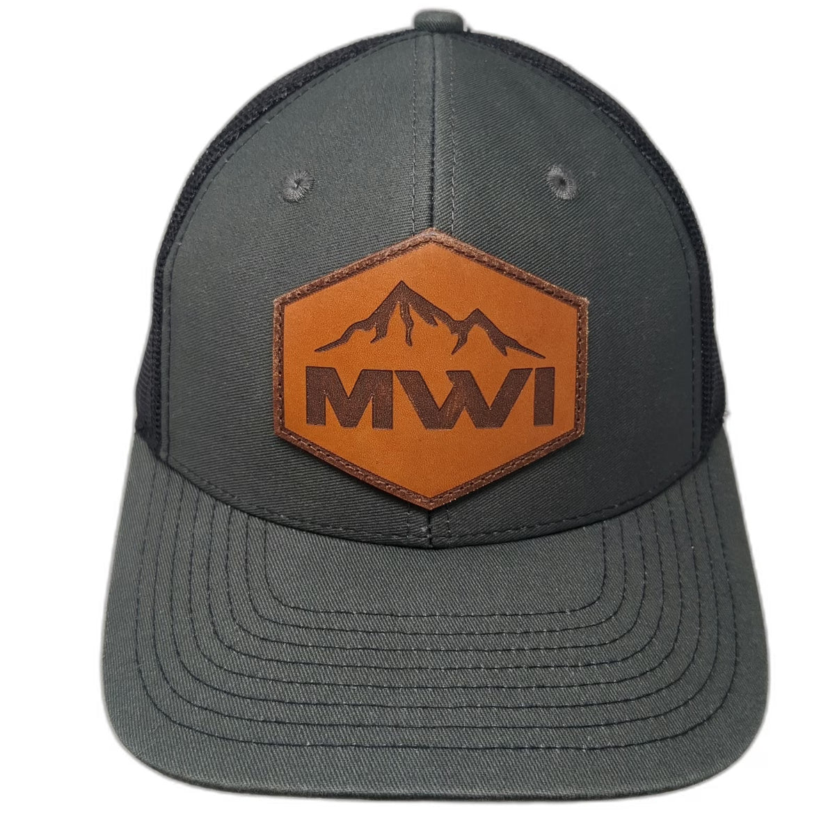 Gray One Size Trucker Hat Leather Patch Mountains MWI Snapback Mesh Adjustable