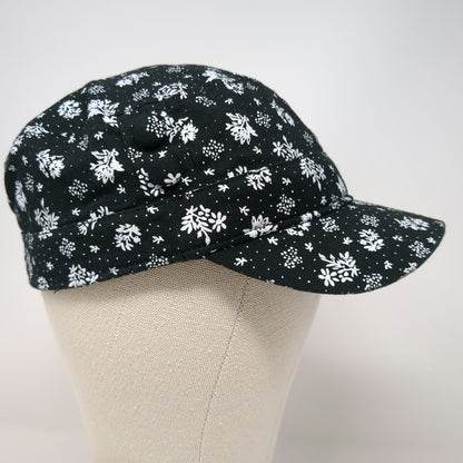 Army Cap Black White One Size Floral Polka Dot Print Side Buttons Gathered Hat