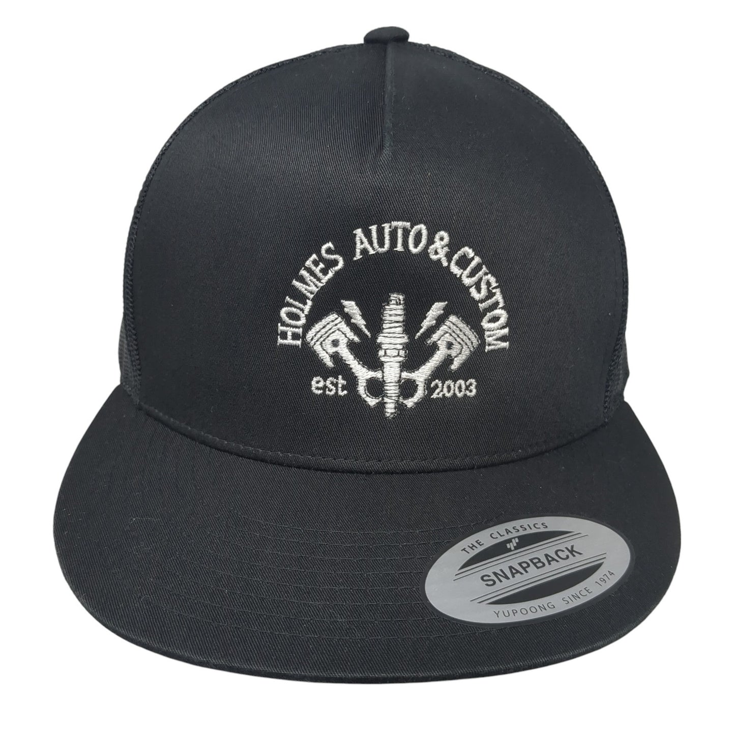 Holmes Auto & Custom Est 2003 Snapback Trucker Hat Black OS Mesh Back Yupoong