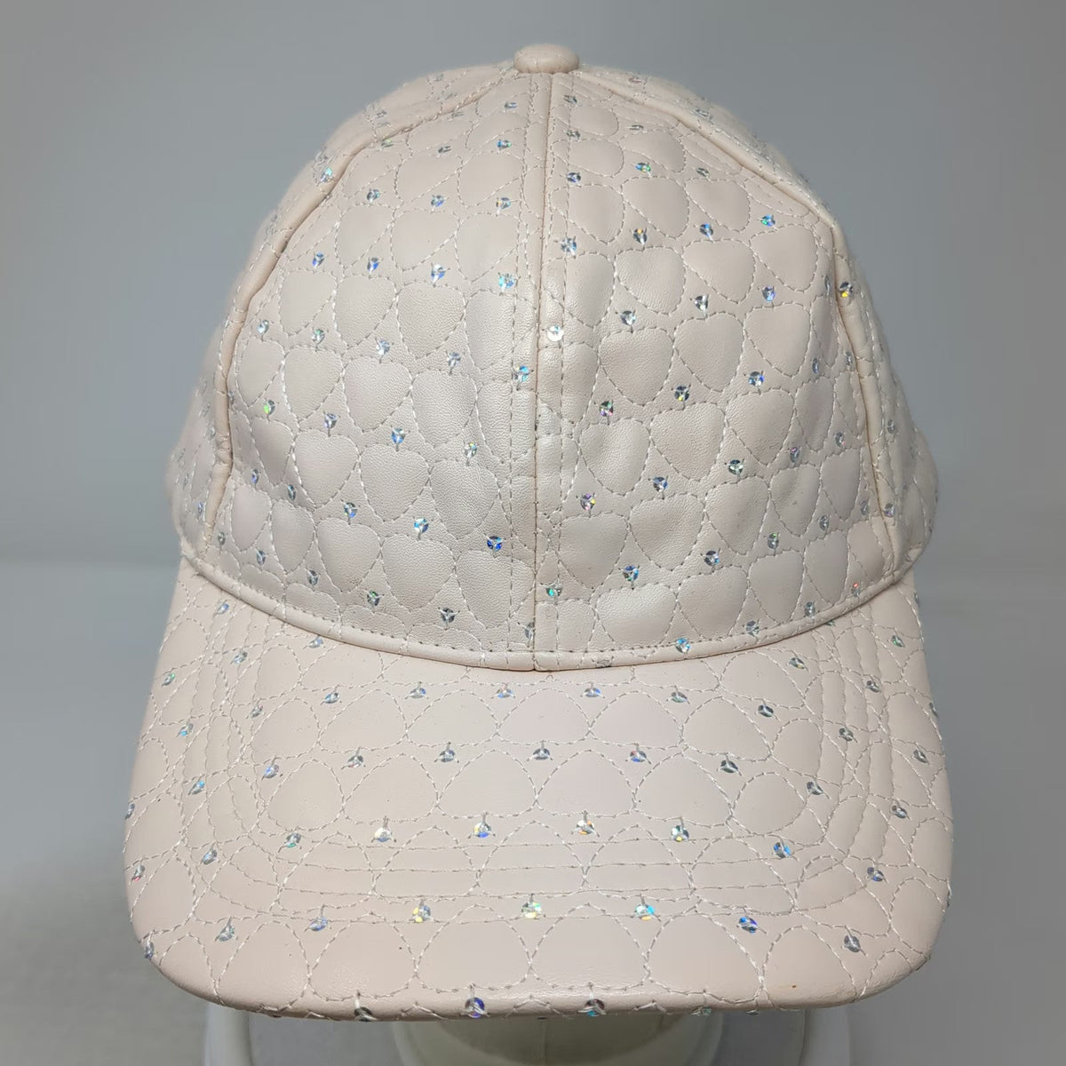 Claire's Snapback Hat Beige One Size Quilted Heart Iridescent Rhinestones Cap
