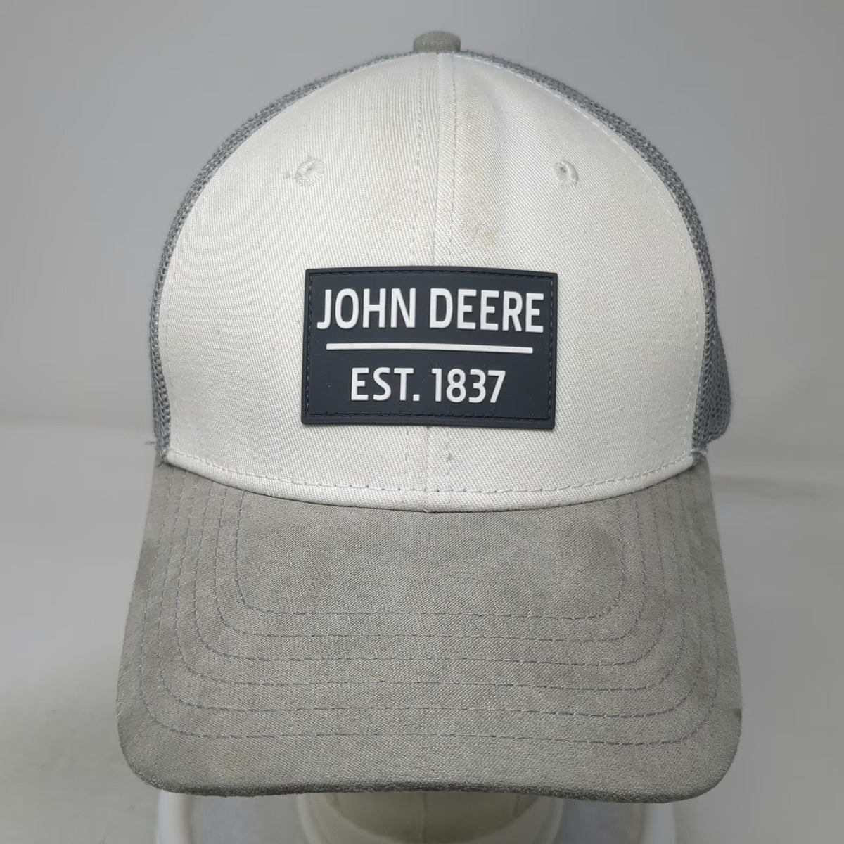 John Deere Trucker Hat Gray One Size Mesh Back Snapback Suede Brim Logo Patch
