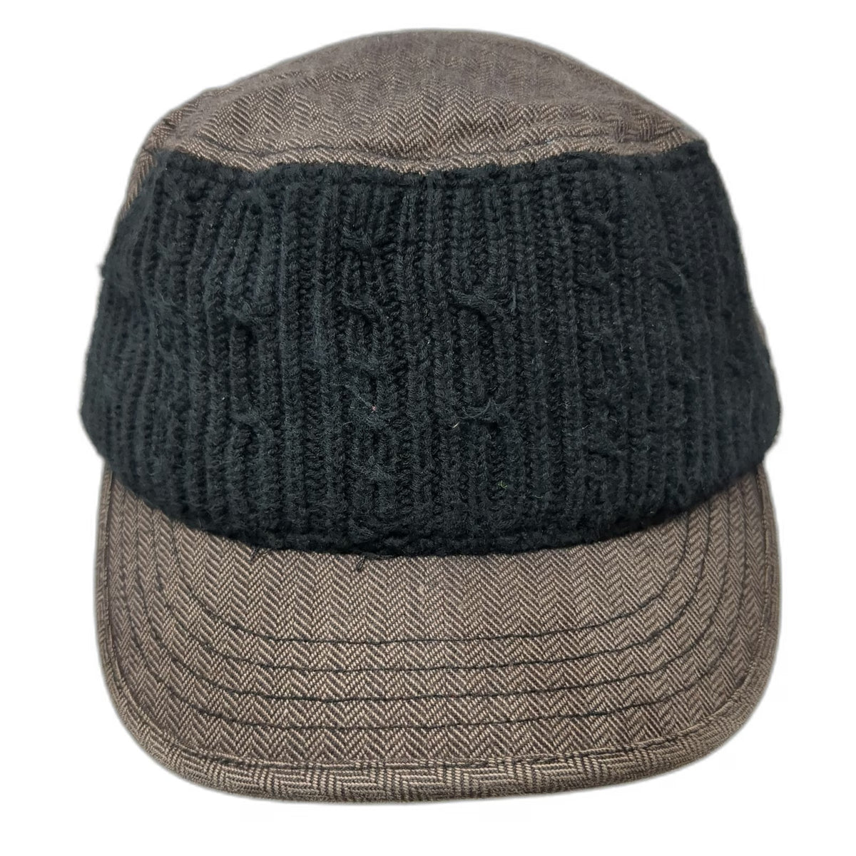 Globalone Brown Army Cap L XL Knit Front Herringbone Pattern Stretch Fit Hat