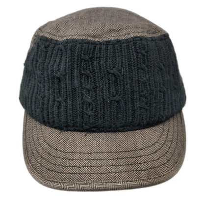 Globalone Brown Army Cap L XL Knit Front Herringbone Pattern Stretch Fit Hat