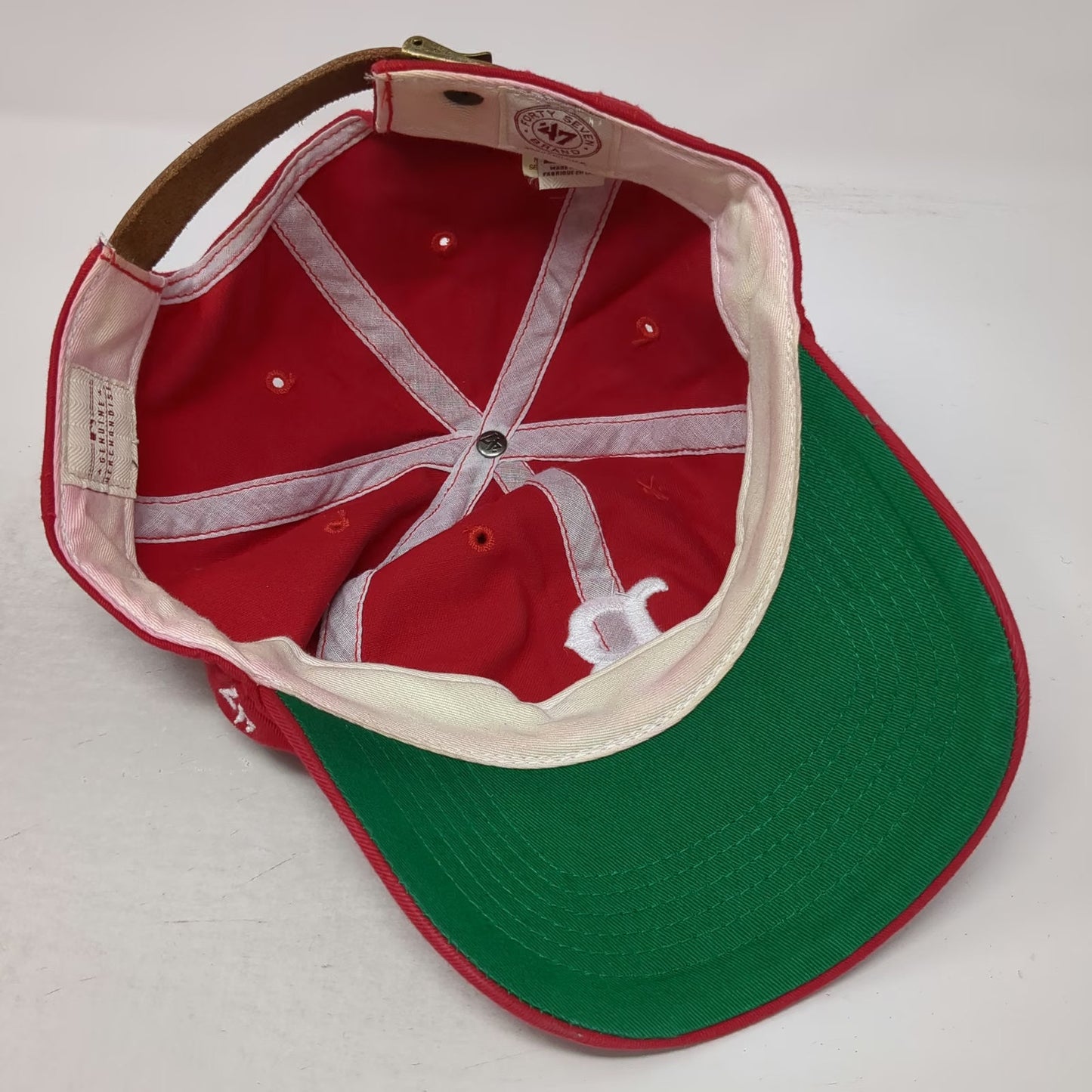 Boston Red Sox MLB 47 Brand Baseball Cap Red One Size Leather Strap Green Brim