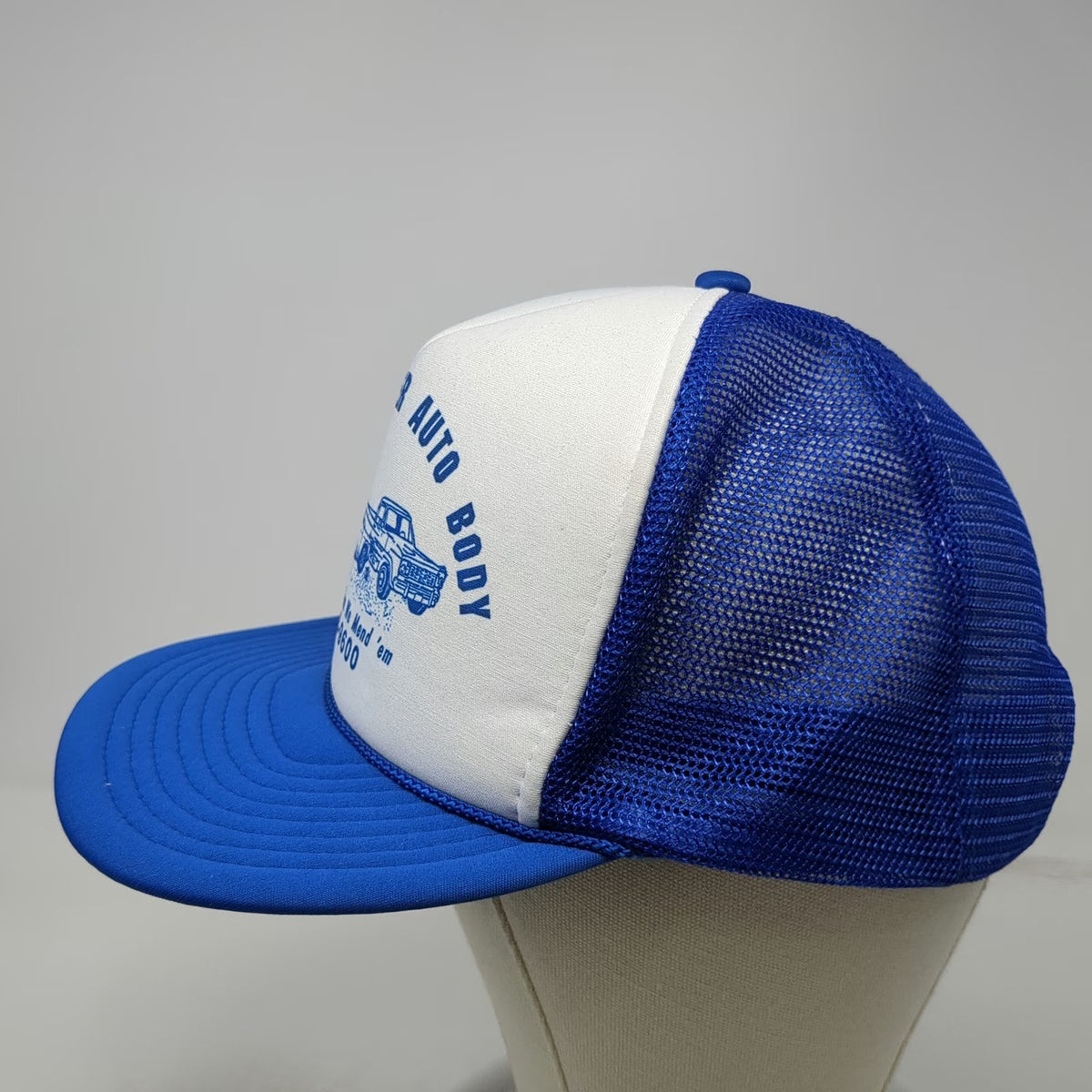 Nissin Trucker Hat Blue White One Size Road Runner Auto Body Mesh Snapback Foam