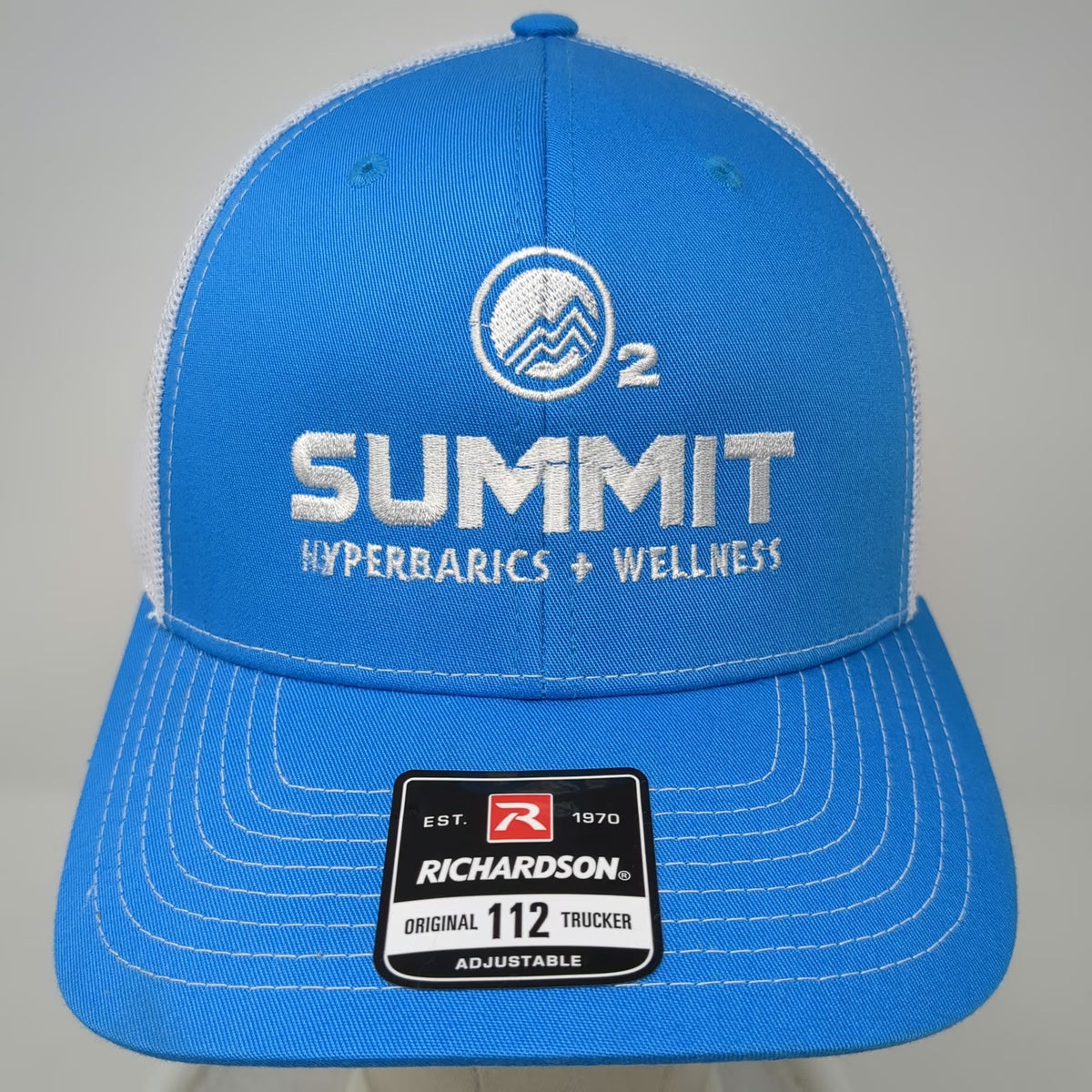 Richardson Trucker Hat Blue White One Size Summit Hyperbarics Wellness O2 Logo