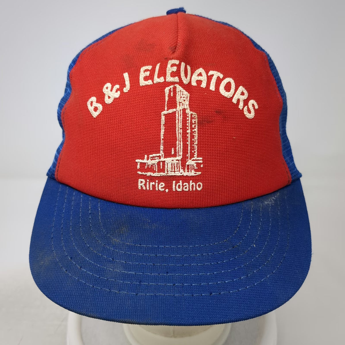 Trucker Hat Red Blue B & J Elevators Ririe Idaho Mesh Grain Elevator Vintage