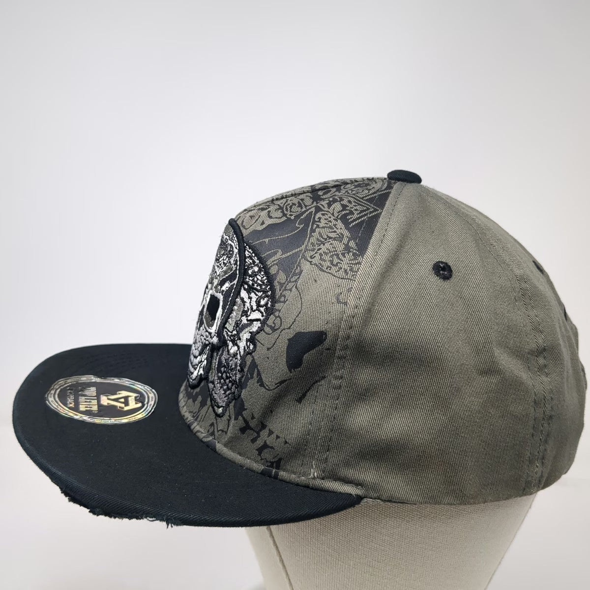 Top Level 5 Panel Green Hat One Size Skull Embroidery Distressed Snapback Biker