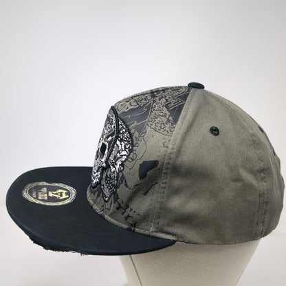 Top Level 5 Panel Green Hat One Size Skull Embroidery Distressed Snapback Biker