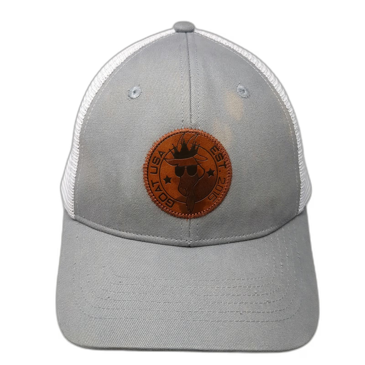 GOAT USA Trucker Hat Gray White One Size Leather Patch Mesh Back Snapback Cap