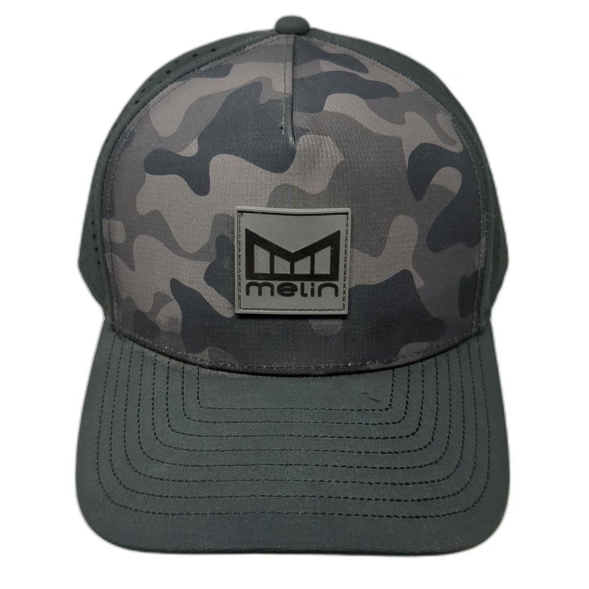 Melin Trucker Hat Black Gray OSFM Camo Hydro Perforated Rubber Logo Adjustable