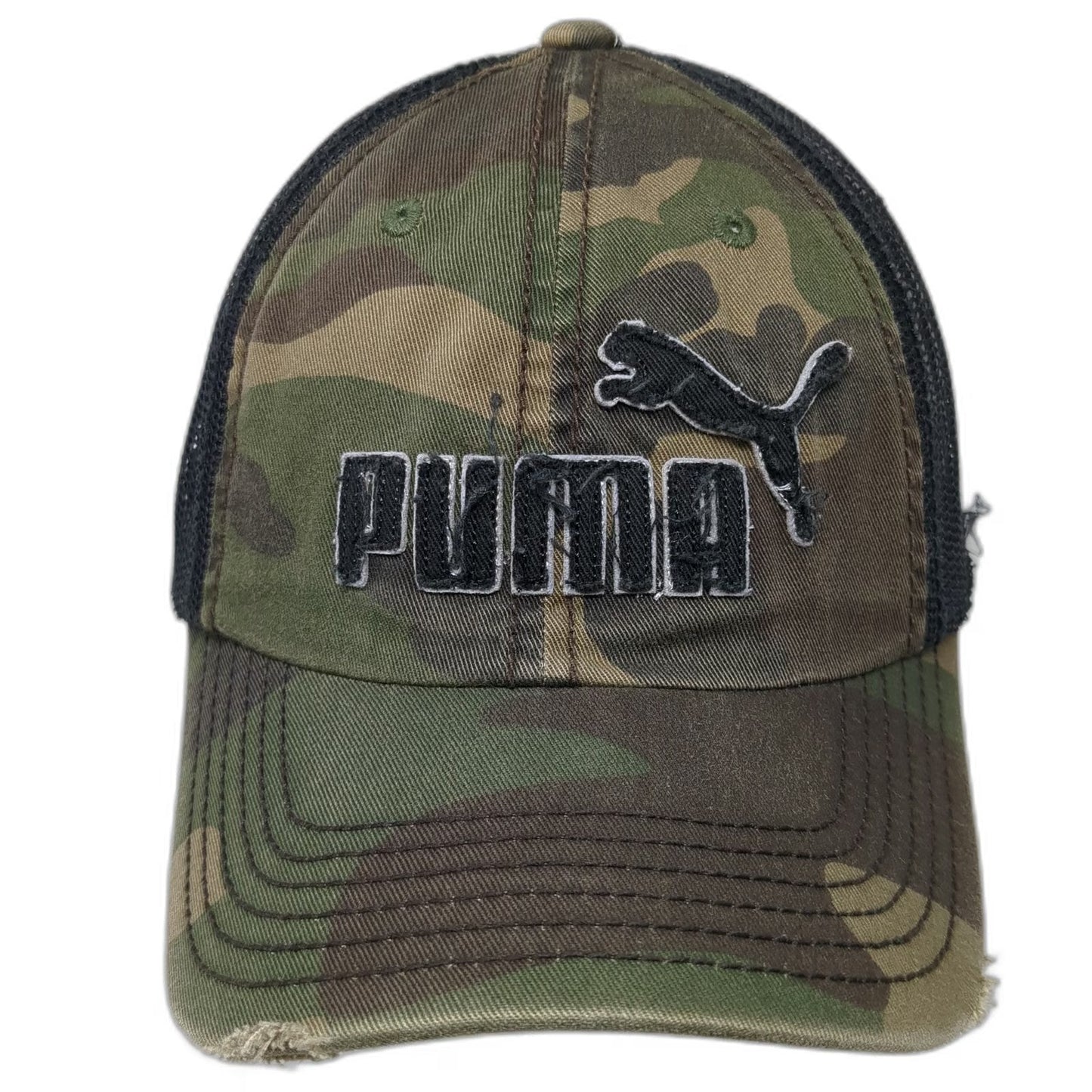 Puma Trucker Hat Green One Size Camo Mesh Snapback Distressed Logo Embroidery