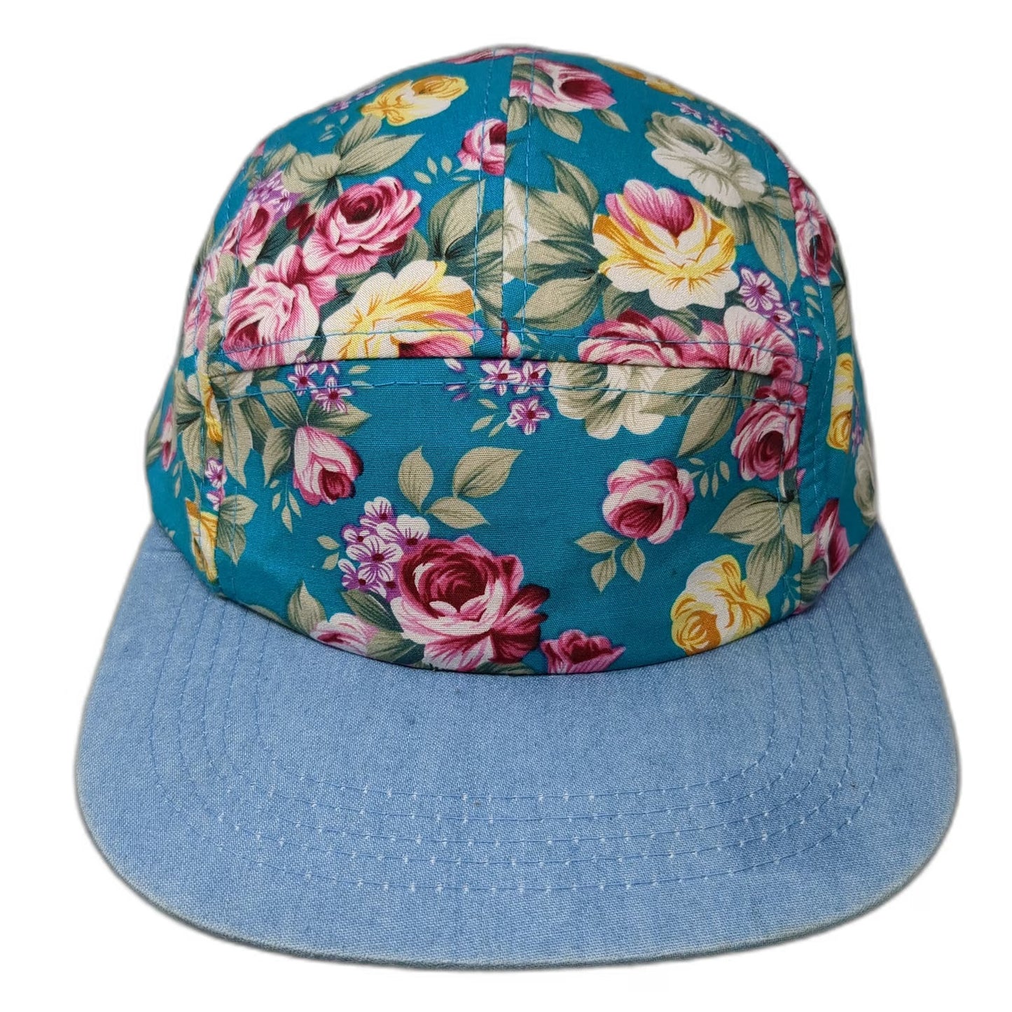 City Hunter 5 Panel Blue Floral Hat Denim Brim One Size Strapback Cotton NY Logo