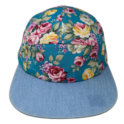 City Hunter 5 Panel Blue Floral Hat Denim Brim One Size Strapback Cotton NY Logo