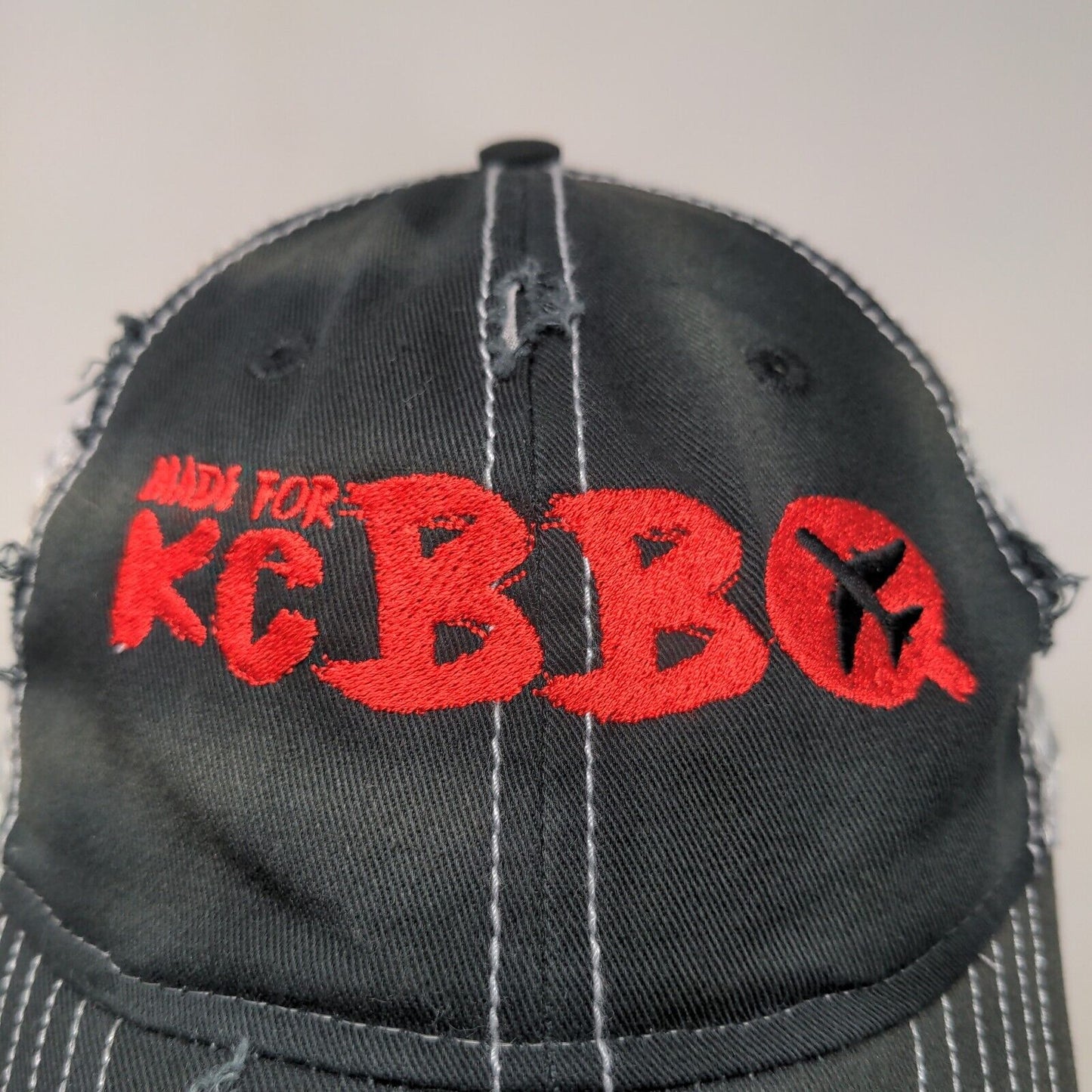 KC BBQ Barbeque Men's Slideback Mesh Back Hat Black White Embroidered Distressed