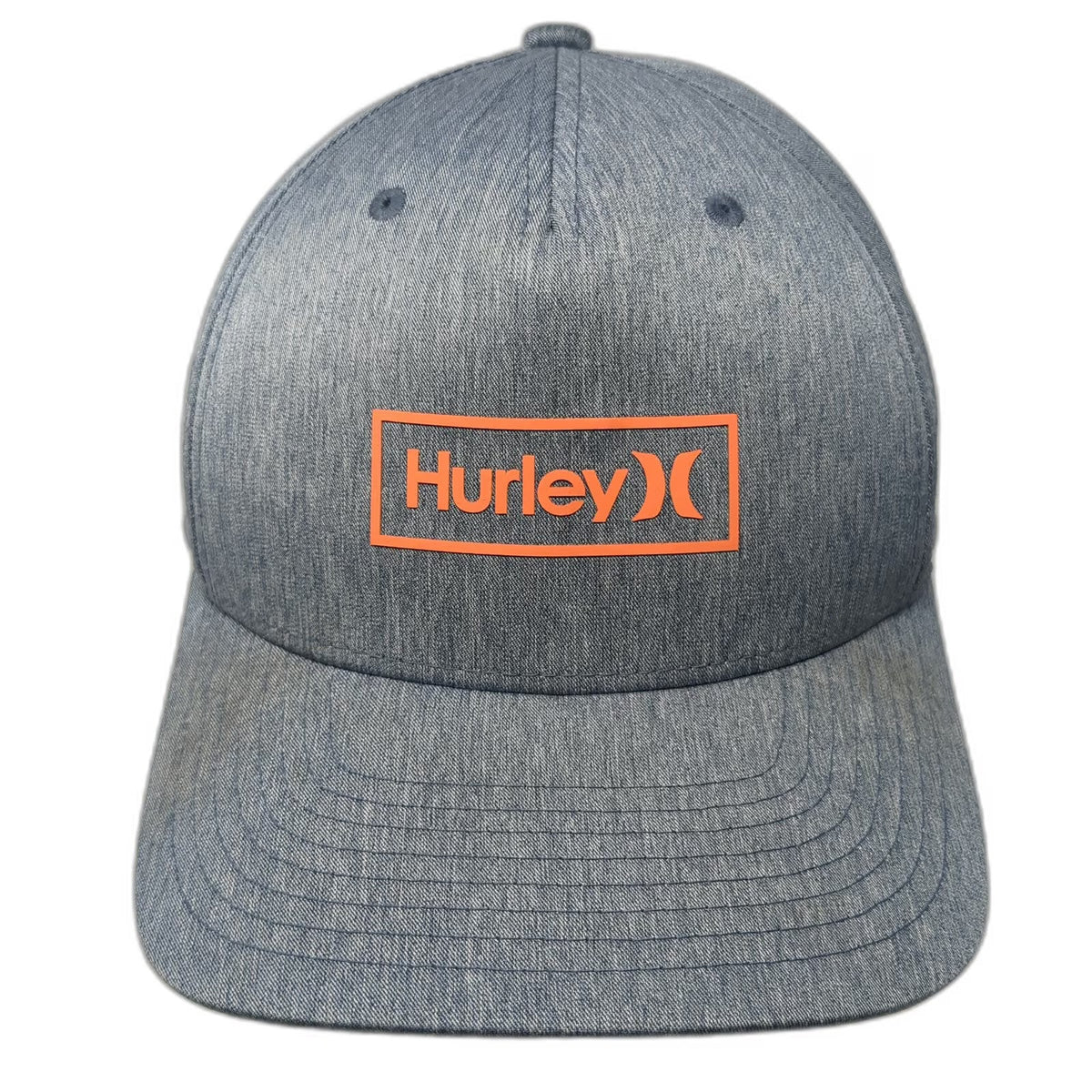 Hurley 5 Panel Blue Hat M Flexfit H2O-DRI Heathered Curved Brim Orange Logo