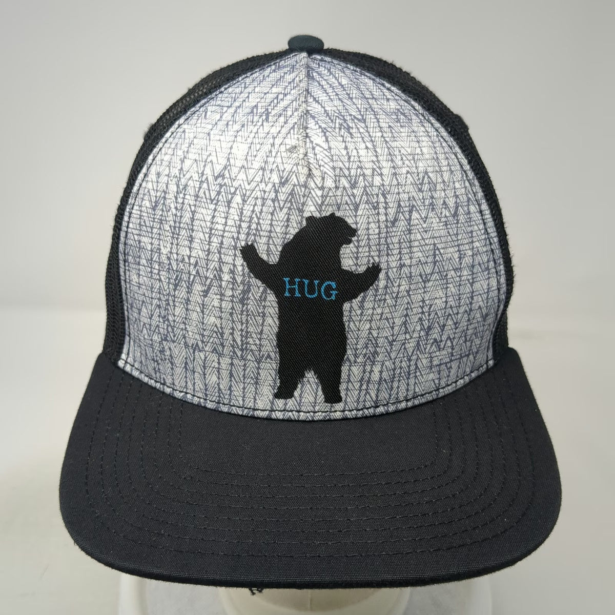 prAna Trucker Hat Black One Size Bear Hug Mesh Snapback Grey Pattern Outdoors
