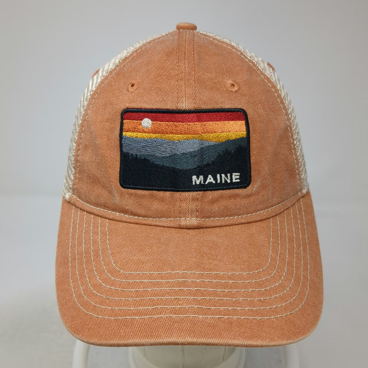 Blue 84 Trucker Hat Brown One Size Maine Sunset Mountain Patch Mesh Snapback