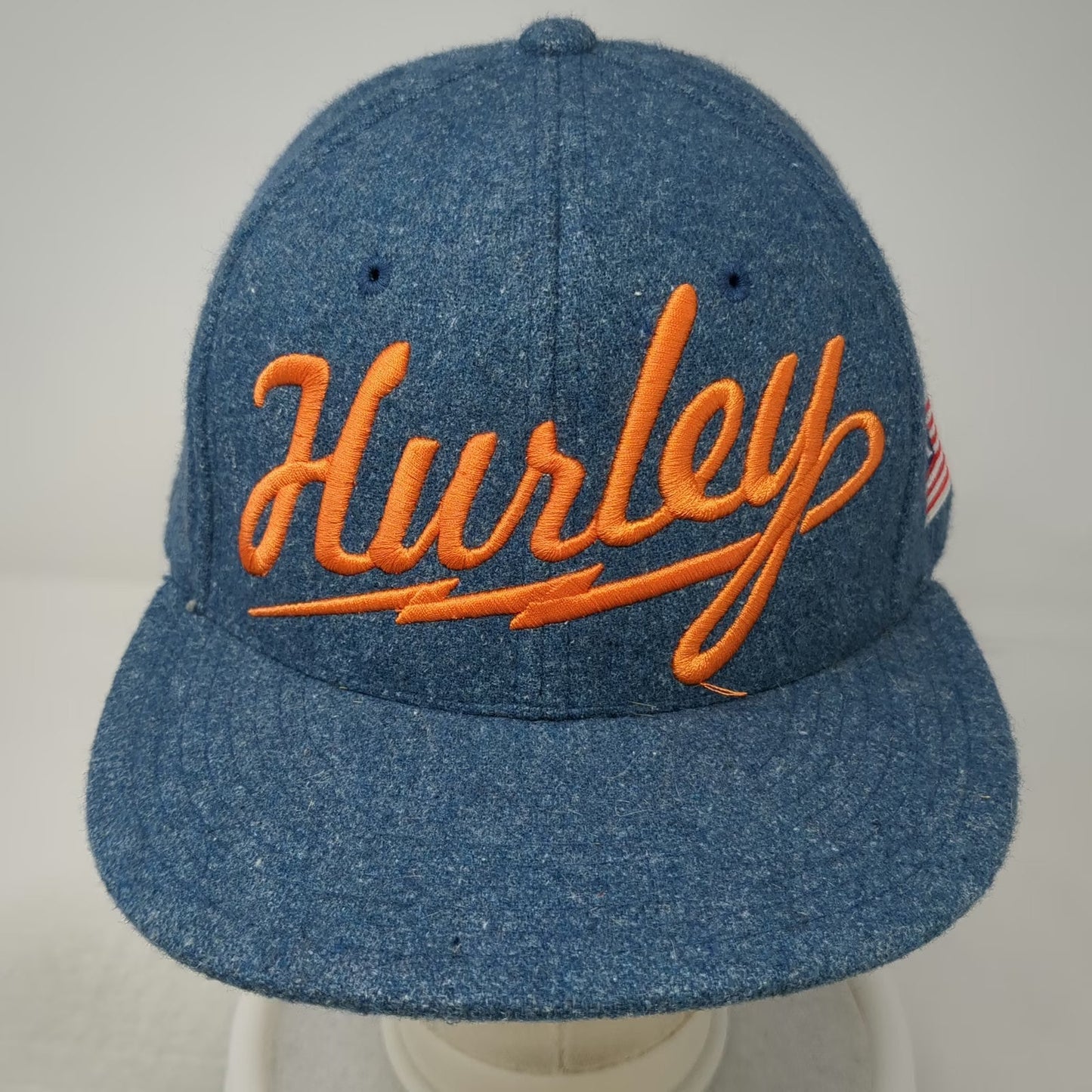 Hurley Snapback Blue One Size Wool Blend Script Logo Flat Brim Side Flag Hat