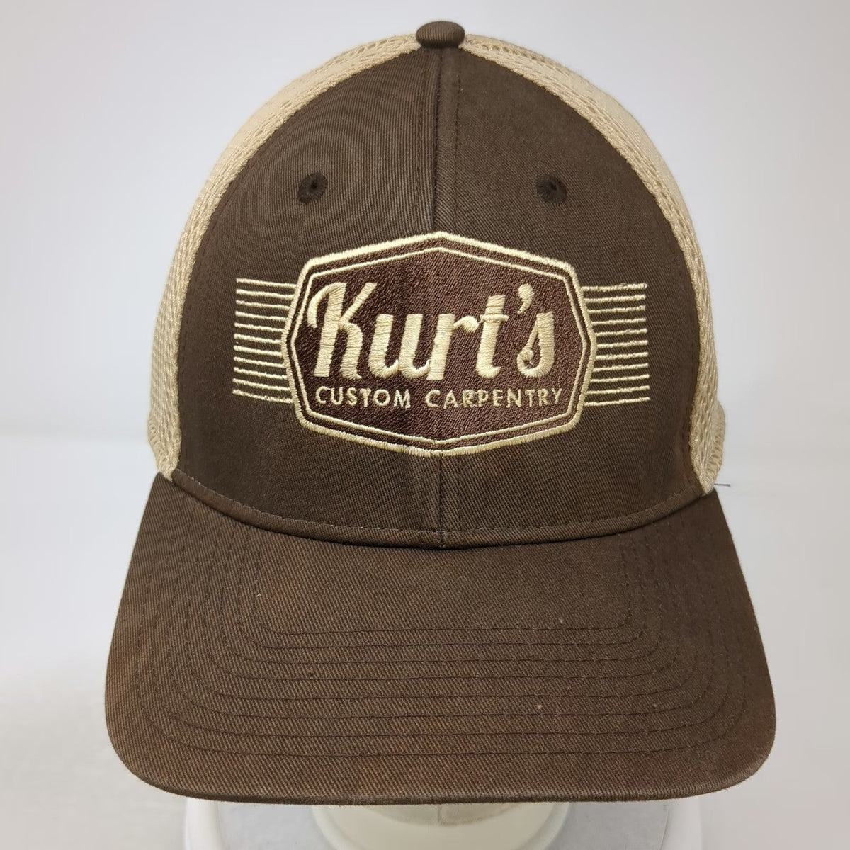 New Era Baseball Cap Brown XL Kurt's Custom Carpentry Mesh Back 39THIRTY Hat