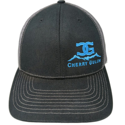 Richardson Trucker Hat Black One Size Snapback Gray Mesh Cherry Gulch Logo Blue