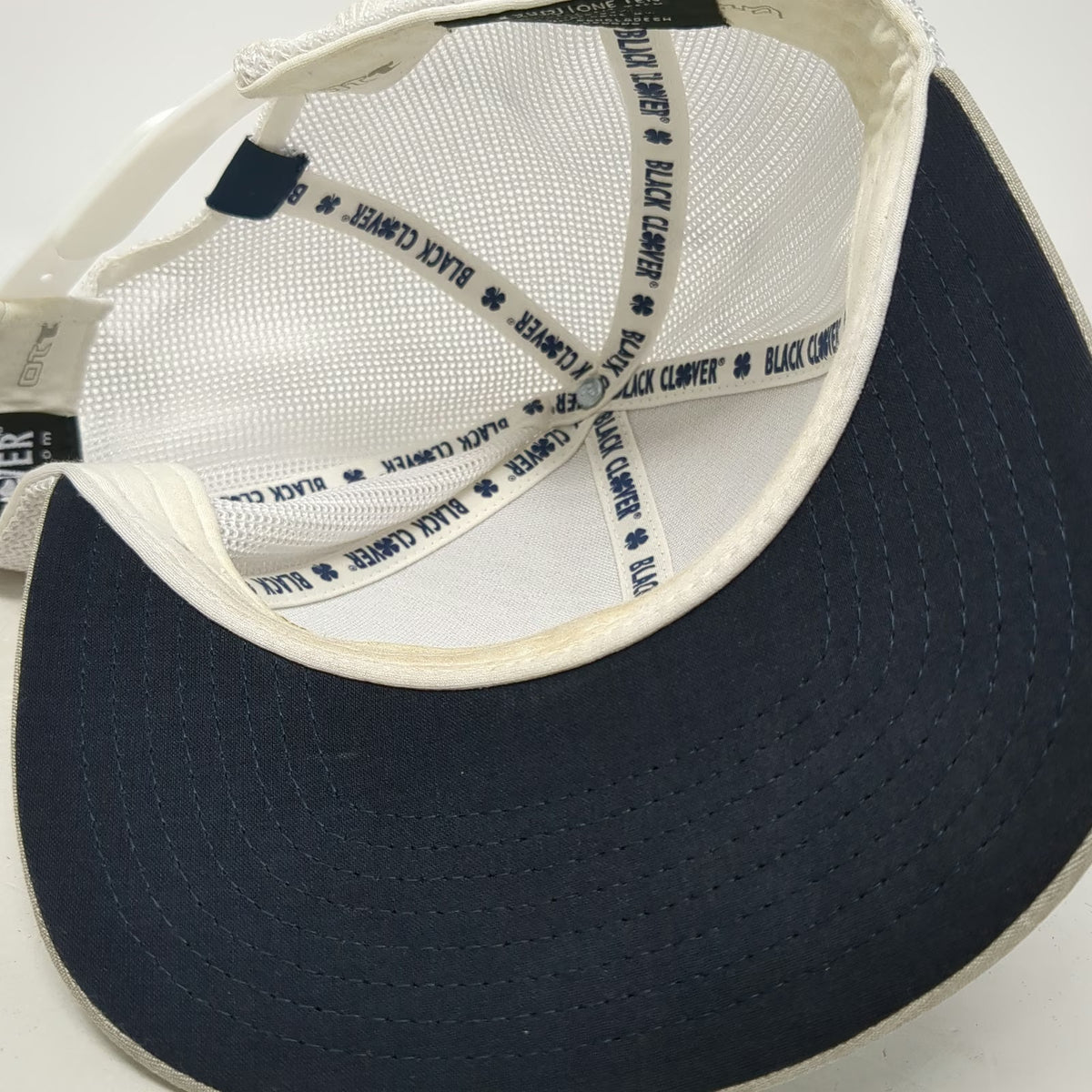 Black Clover Trucker Hat Beige White Blue One Size Mesh Back Snapback Clover
