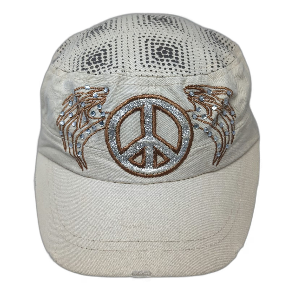 Army Cap Beige One Size Peace Sign Rhinestone Wings Distressed Hat