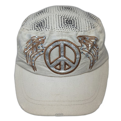 Army Cap Beige One Size Peace Sign Rhinestone Wings Distressed Hat