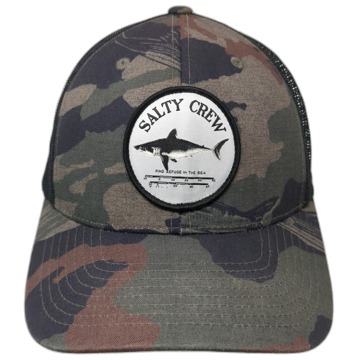 Salty Crew Trucker Hat Black One Size Camo Shark Patch Find Refuge in the Sea