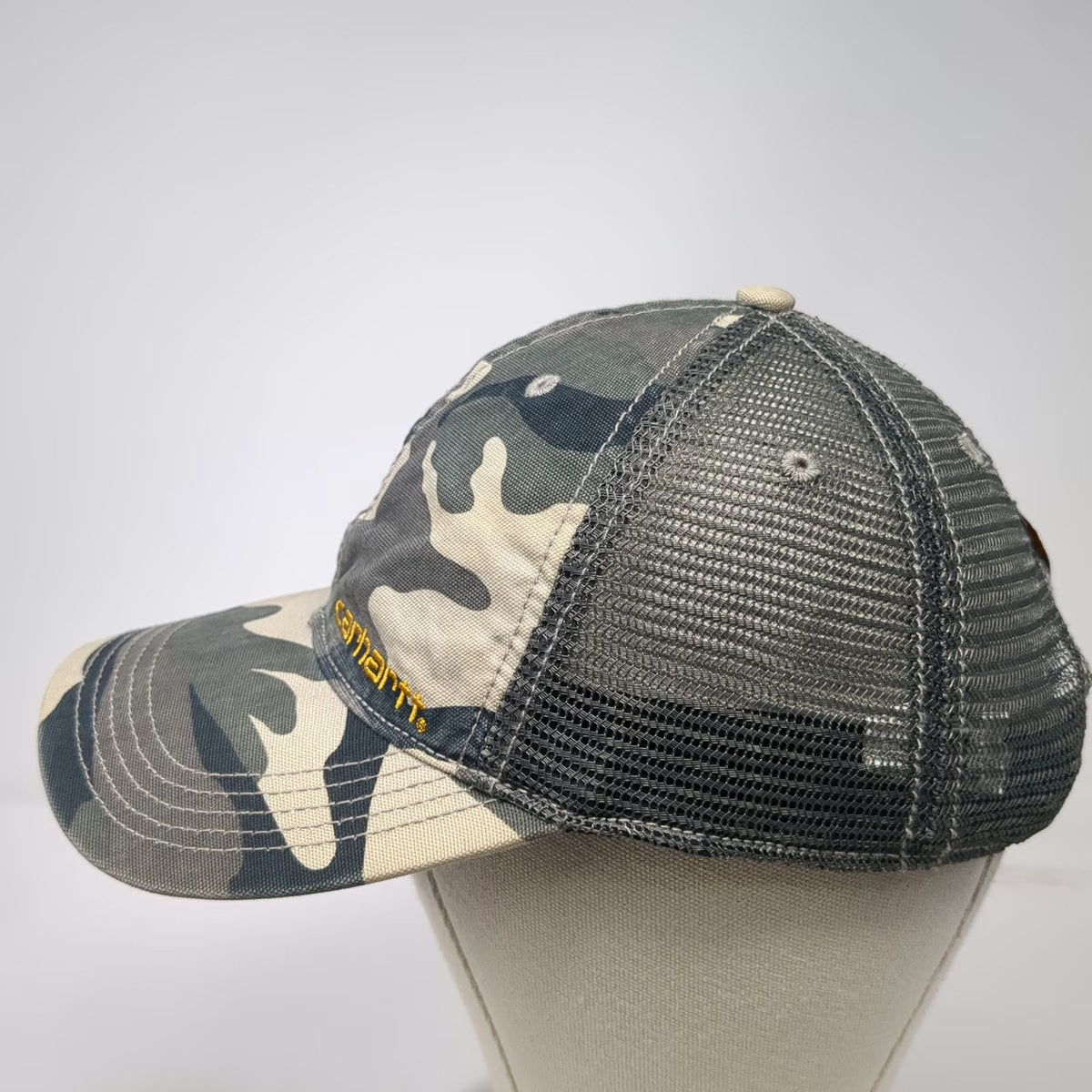 Carhartt Trucker Hat Gray Green Camo One Size Mesh Snapback Yellow Logo Outdoor