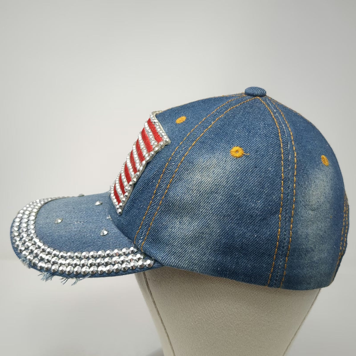 Blue Baseball Cap One Size Hat American Flag Studded Rhinestones Slideback Denim