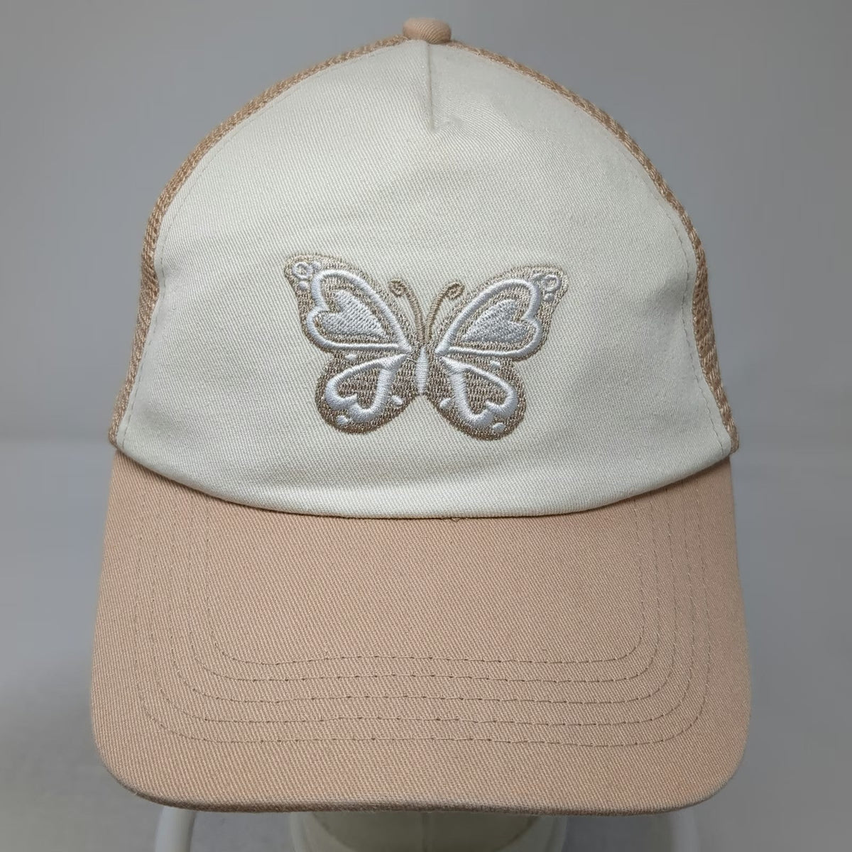 H&M Divided Trucker Hat Beige One Size Mesh Back Embroidered Butterfly Snapback