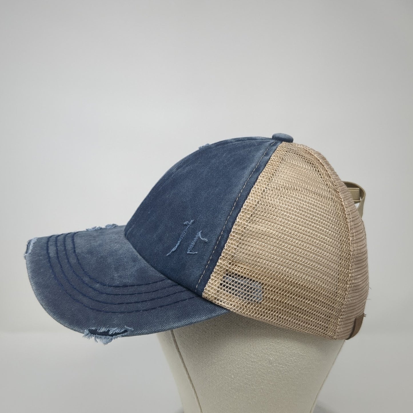 C.C Ponytail Trucker Hat Multicolor One Size Adjustable Distressed Mesh Back