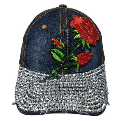 Baseball Cap Blue One Size Rhinestone Brim Rose Embroidery Denim Slideback Hat