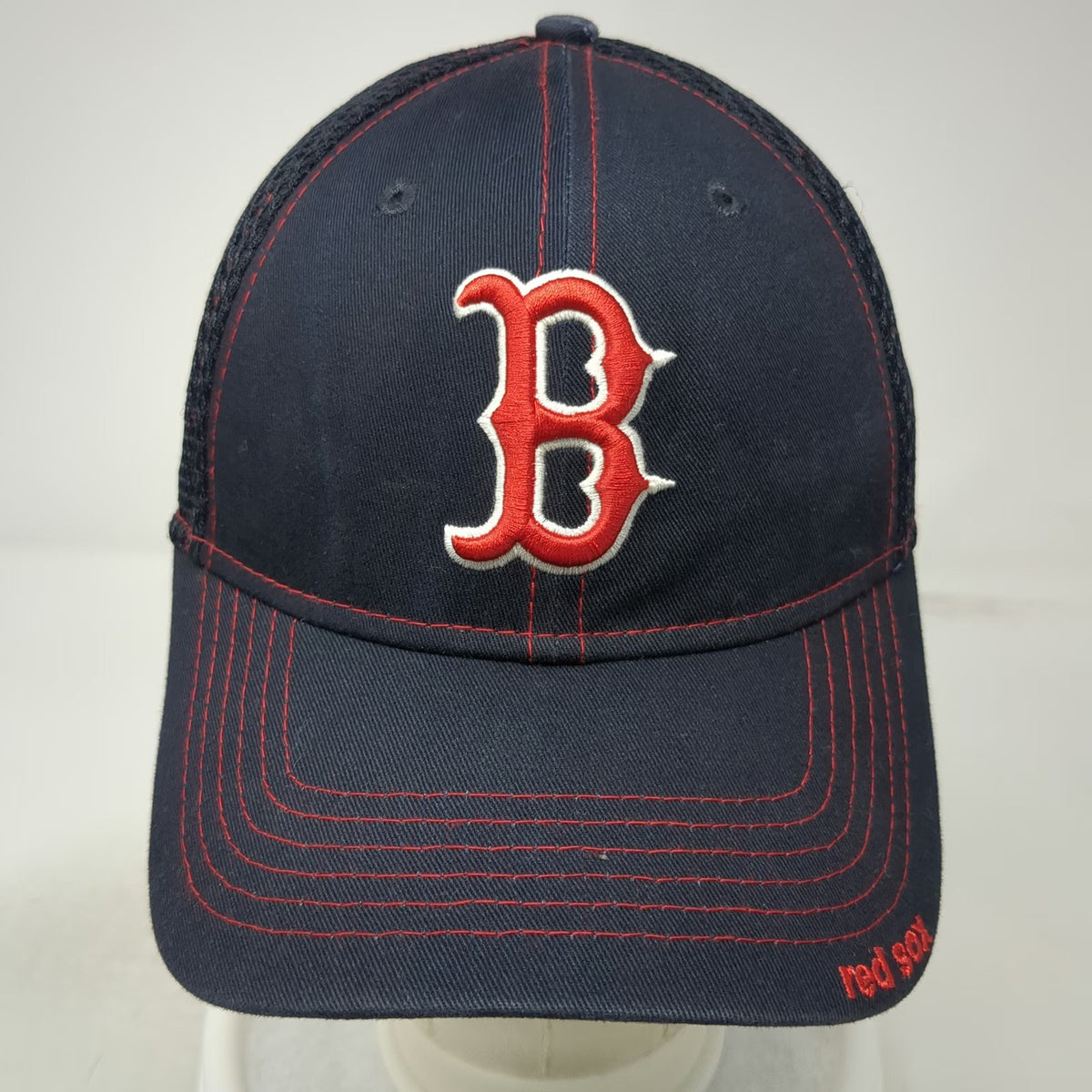 New Era Boston Red Sox MLB Blue M Baseball Cap Mesh Back Stretch Fit Red Stitch