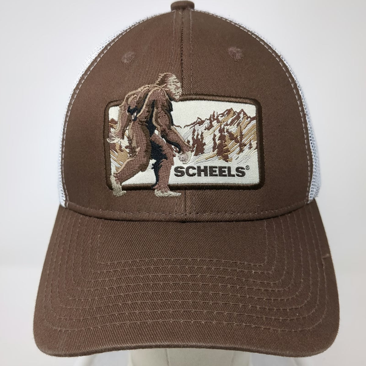Scheels Trucker Hat Brown OSFM Bigfoot Sasquatch Mountain Patch Mesh Snapback