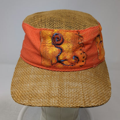 Army Cap Brown Orange One Size Straw Hat Hand Painted Graphics Boho Artisan