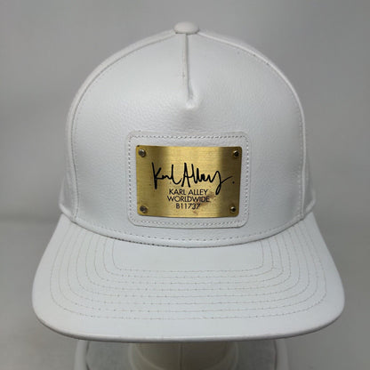 Karl Alley Snapback Hat White #B11737 Metal Plate Logo Cow Leather