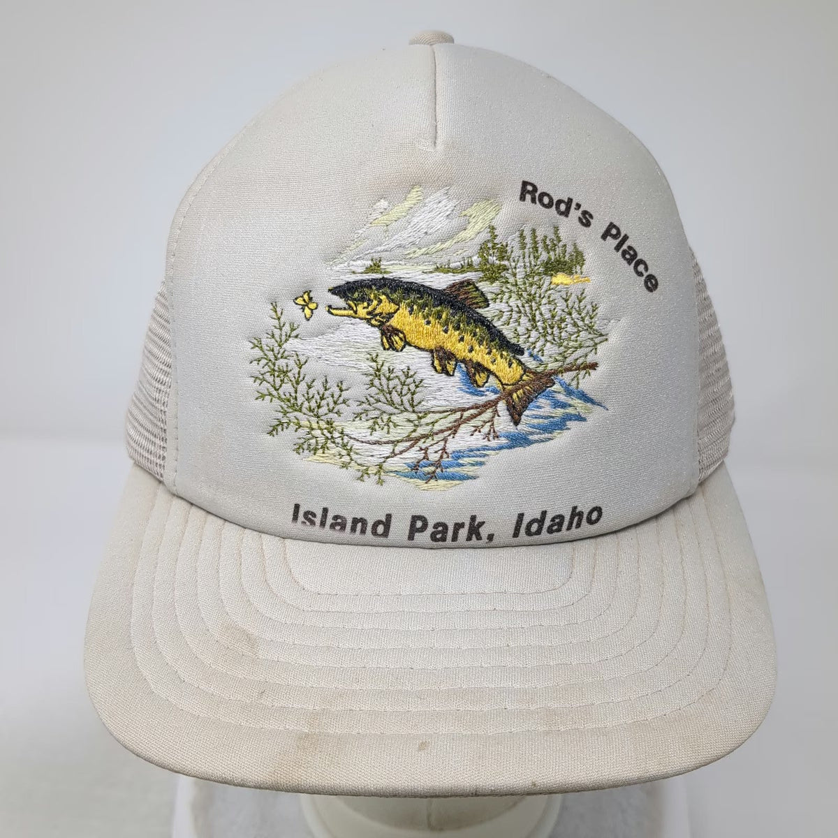 Mountaintop Marketing Trucker Hat Beige One Size Rods Place Island Park Idaho