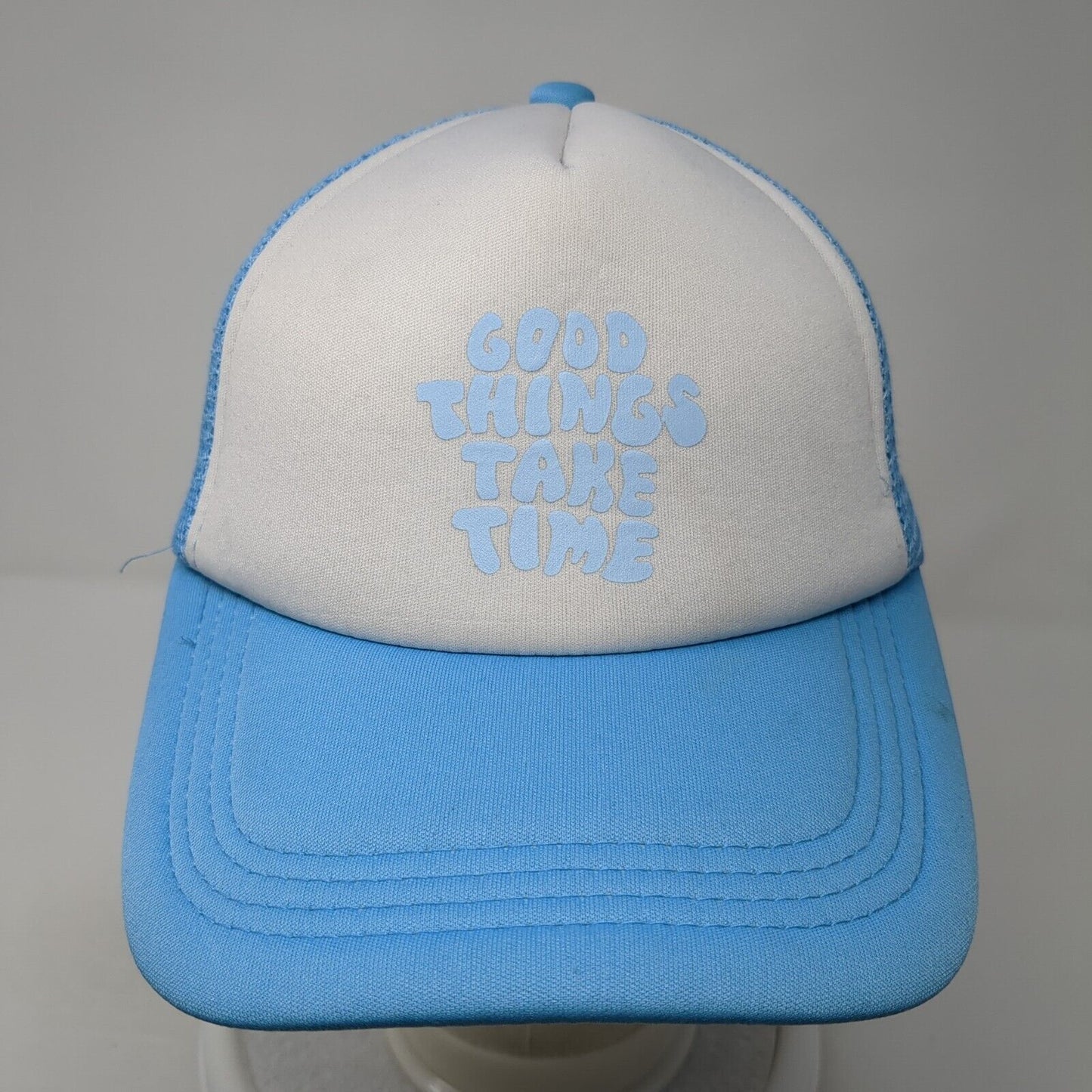 Good Things Take Time Snapback Trucker Hat Blue One Size Adjustable Mesh Back