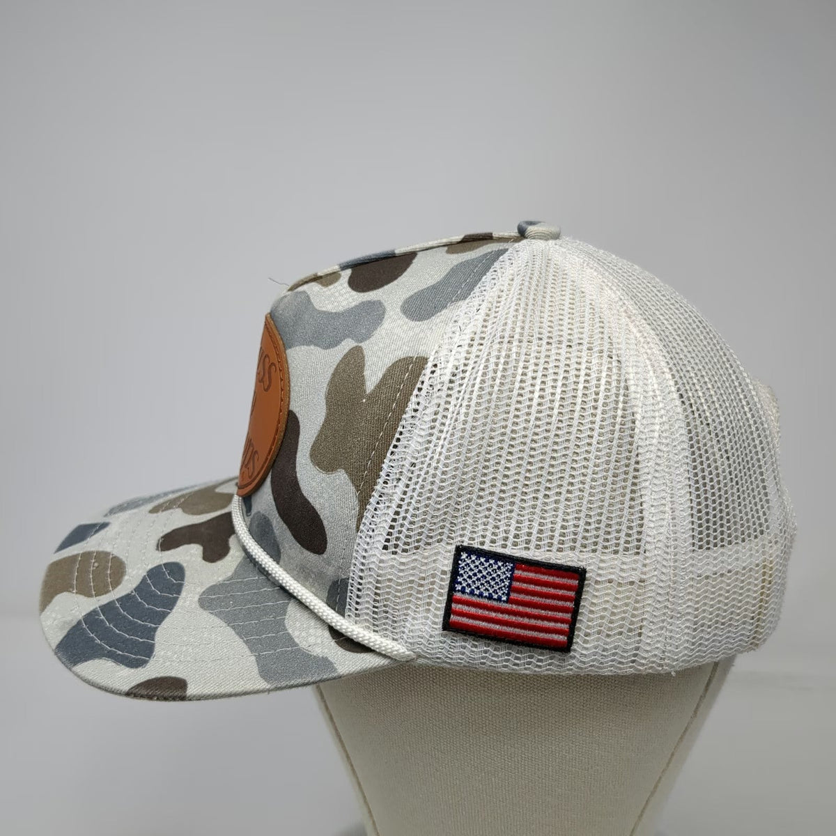 Bass Pro Shops Trucker Hat Gray One Size Made in USA Camo Mesh Snapback Rope