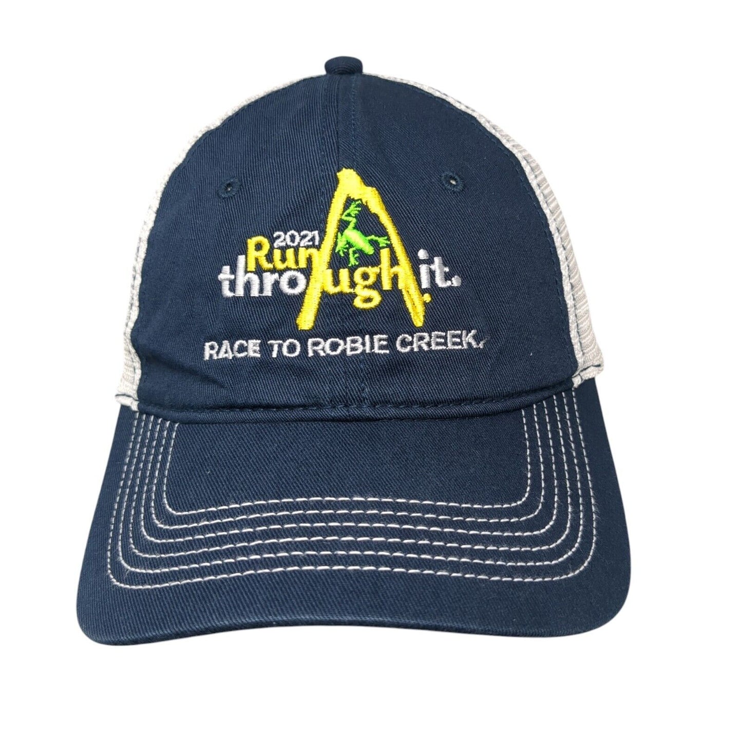2021 Run Through It Race To Robie Creek Strapback Trucker Hat Blue OSFA District