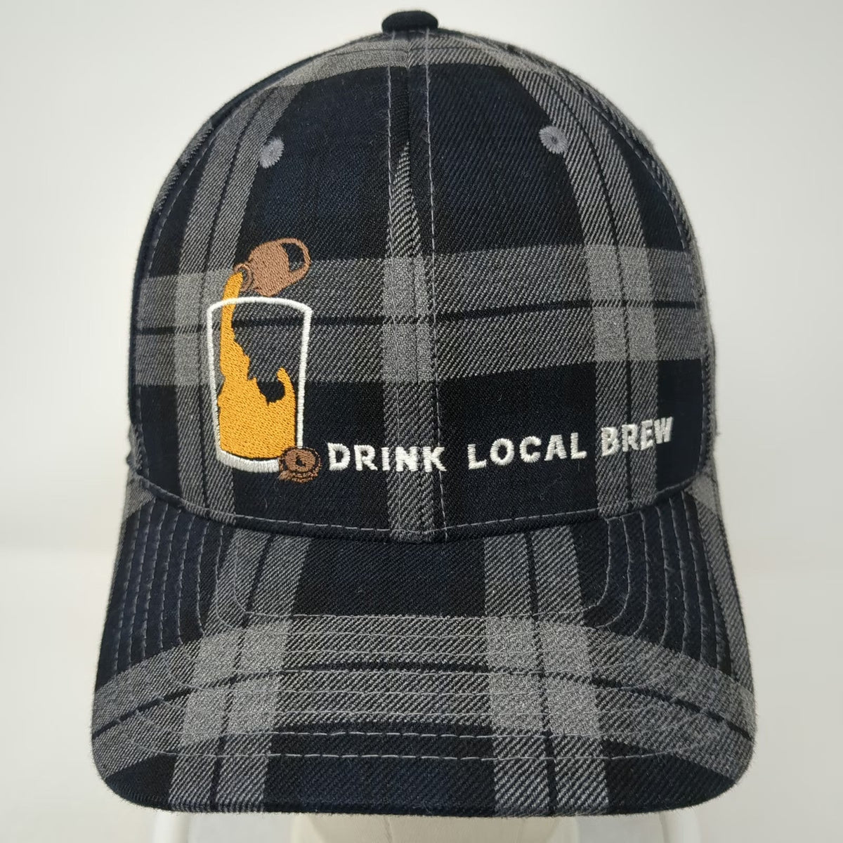 Flexfit Baseball Cap Black Gray M Drink Local Brew Plaid Beer Graphic Hat